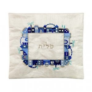 Yair Emanuel Embroidered Tallit & Tefillin Bag - Jerusalem Frame on Off White