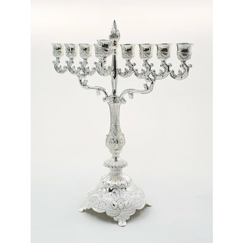 Large Silver Plated Chanukah Menorah, Filigree Design with Flame - 15.3 Inches