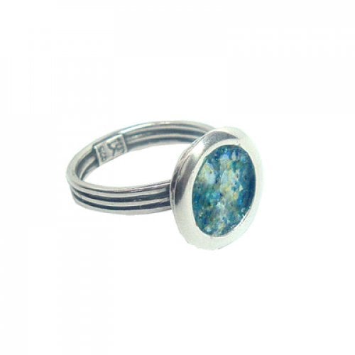 Michal Kirat Ring with Circular Roman Glass in Smooth Silver Frame