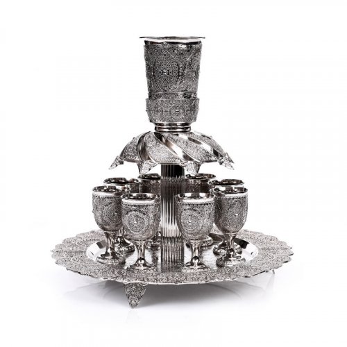 Silver Plated Kiddush Fountain with 8 Small Cups - Filigree Design