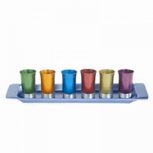 Yair Emanuel Six Anodized Aluminum Kiddush Cups and Tray  Metallic Colors