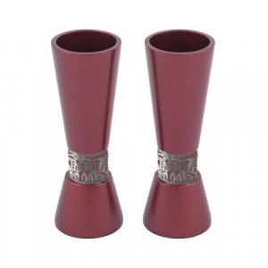 Yair Emanuel Cone Shaped Candlesticks with Silver Jerusalem Band - Maroon
