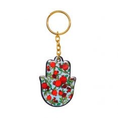 Yair Emanuel Gold Key Chain with Enamel Finish - Hamsa Hand with Red Pomegranates