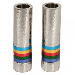 Yair Emanuel Hammered Nickel Cylinder Candlesticks - Multicolor Bands