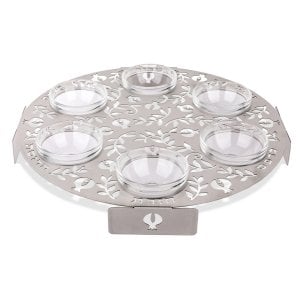 Dorit Judaica Laser Cut Seder Plate with Cutout Pomegranates - Glass Bowls