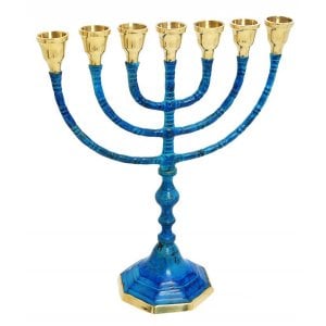 Seven Branch Menorah, Brass with Deep Blue Patina and Gold Finish  10"