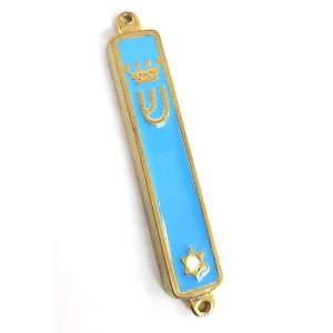 Small Gold Plated Mezuzah Case, Crown and Star of David - Light Blue