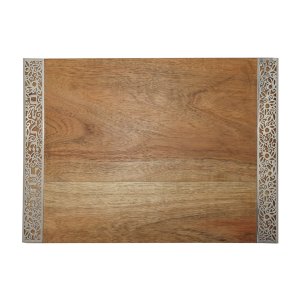 Yair Emanuel Grained Wood Challah Board with Decorative Metal Cutout Border