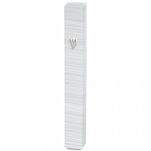 White Plastic Mezuzah Case with Fine Silver Stripes, Silver Shin  Various Sizes