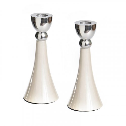 Cone Shaped Shabbat Candlesticks, Silver and Gleaming White Enamel