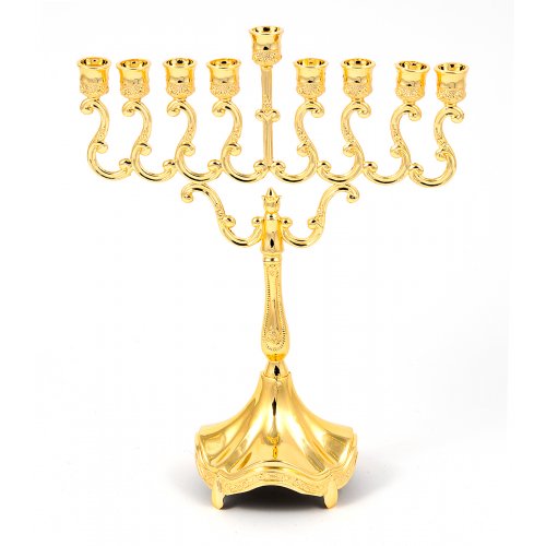 Gold Chanukah Menorah on Stem, Scroll Design - 8 Inches Height