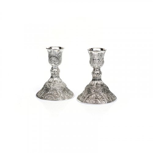 Silver Plated Small Shabbat Candlesticks, Filigree Design - 4 Inches