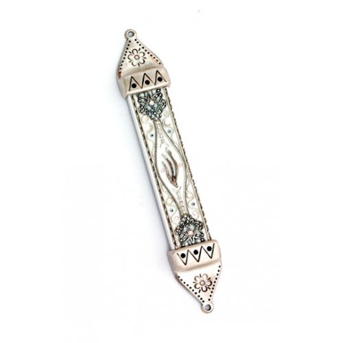 Wood & Pewter Mezuzah White and Silver by Ester Shahaf