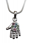 Rhodium Hamsa Necklace with multicolor stones