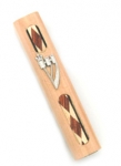 Wood mezuzah with silver shin and mosaic design