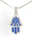 Rhodium Silver Necklace set with blue stones Hamsa pendant