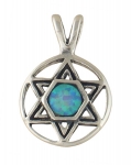 Silver and Opal Star of David in Circle Pendant