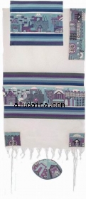 Emanuel Hand Embroidery Tallit - Jerusalem in blue by aJudaica