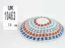 White knitted kippah with beige, gray and blue