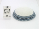 White handmade knitted kippah with gray and blue border
