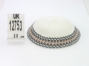 White handmade knitted kippah with beige and black border