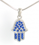 Rhodium Silver Necklace set with blue stones Hamsa pendant