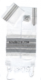 Gabrieli silk Tallit Set in White with Black by aJudaica