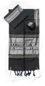 Gabrieli silk Tallit Set in Black with Silver by aJudaica