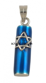 Silver Blue Enamel Mezuzah Pendant by aJudaica