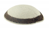 White handmade knitted kippah With Black and Camel Border