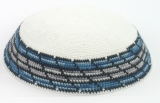 White DMC knitted Kippah with blue gray and black border