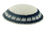 White handmade knitted kippah With Blue And Grey Border