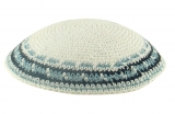White handmade knitted kippah With Black And Light Blue Border