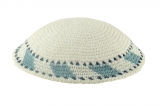 White handmade knitted kippah With light blue edging