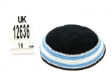 Navy knitted kippah with white and light blue border
