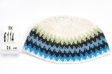 White Frik Kippah with blue and black stripes
