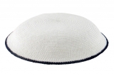 White DMC knitted kippah with blue border