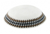 White DMC knitted kippah with gray and olive border