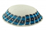 White handmade knitted kippah With Royal Blue And Black Border
