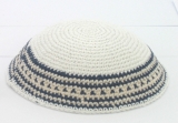 White knitted Kippah with black and yellow stripes