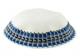 Handmade Premium DMC White Knitted kippah with gray border