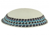 White DMC knitted kippah with dark gray and blue border