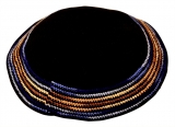 Handmade DMC Knitted Navy Kippah with striped border