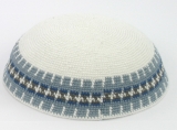 White DMC knitted Kippah with blue gray border