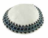 White Knitted Kippah with blue geometric border
