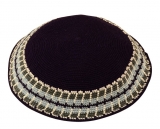 Handmade DMC Knitted Navy Kippah with khaki and gray border