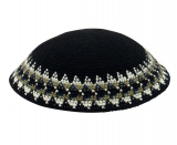 Black DMC knitted kippah with white and gray border