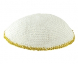 White Knitted Kippah with narrow yellow border