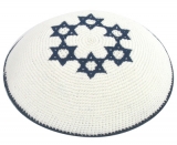 White Knitted Kippah with Dark Blue Stars of David