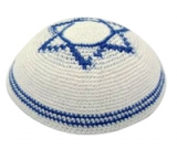 White Knitted Kippah with Royal Blue Star of David